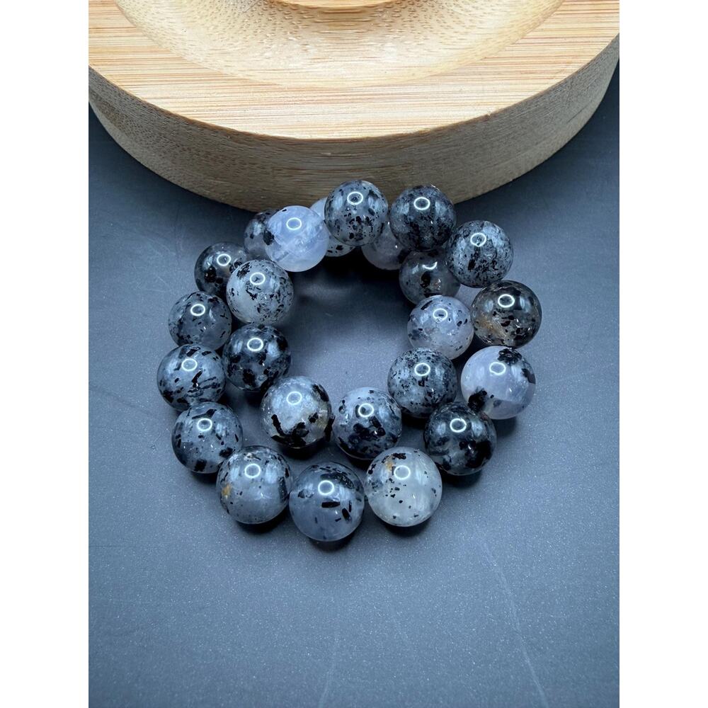 Polka Dot Black Tourmaline in Quartz 8mm Bracelet, Spotted Tourmalinated Quartz